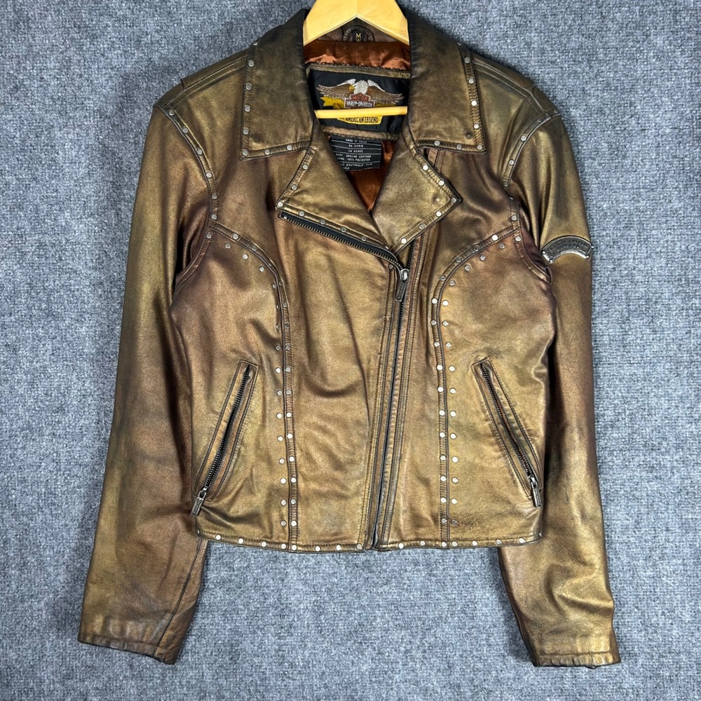 Harley Davidson Womens Metallic Bronze Studded Leather Motorcycle Jacket Medium